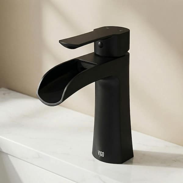 Paloma Single Handle Single-Hole Bathroom Faucet with Mounting and Waterfall Spout Hardware in Matte Black