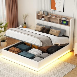 White Wood Frame Queen Size PU Platform Bed with Storage Headboard, Hydraulic Storage System, LED Lights and USB Ports