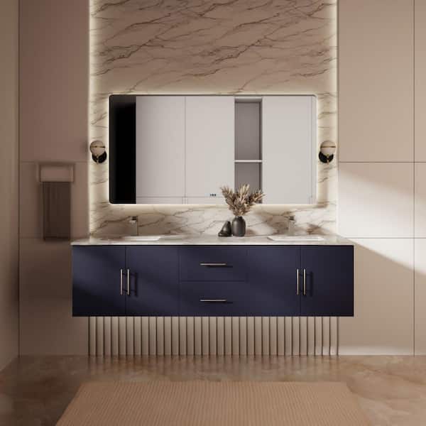 Geneva 72 in. W x 22 in. D Navy Blue Double Bath Vanity and Carrara Marble Top