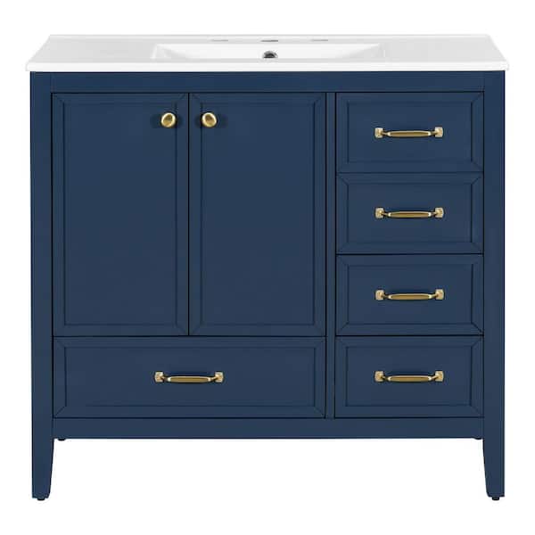 36 in. Freestanding Blue Bath Vanity with Ceramic Top Sink and 4 Drawers