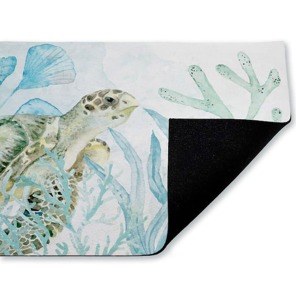 Turtle In The Sea Blue 18 in. x 30 in. Polyester Non-Slip Outdoor Door Mat