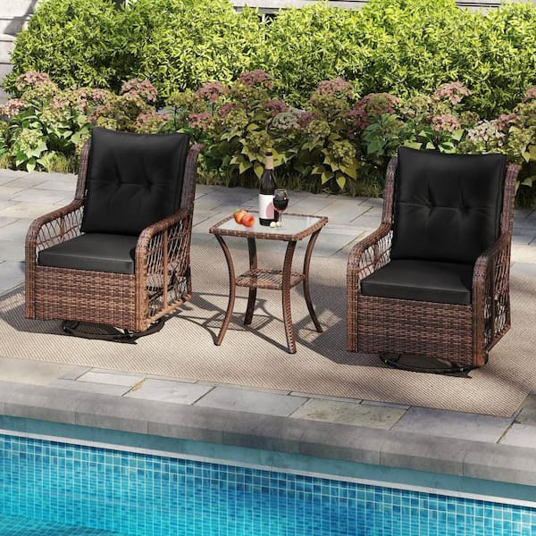 3 Piece Patio Furniture Set with 2-Tier Side Table and Cushions for Porch Black