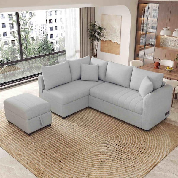 Polibi 82.6 in. Square Arm Polyester L -Shaped Sofa with 2 USB Ports in Gray