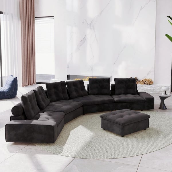 169 in. Square arm Rectangle 4-Seater Frosted Velvet Free Combination Modular Sectional Sofa with Ottoman in Gray