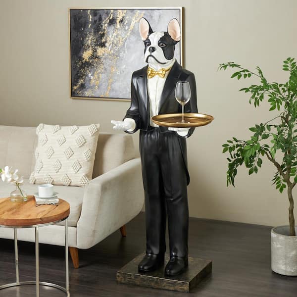 Litton Lane 26 in. x 64 in. White Resin Waiter Dog Floor Sculpture with Gold Bow Tie and Plate