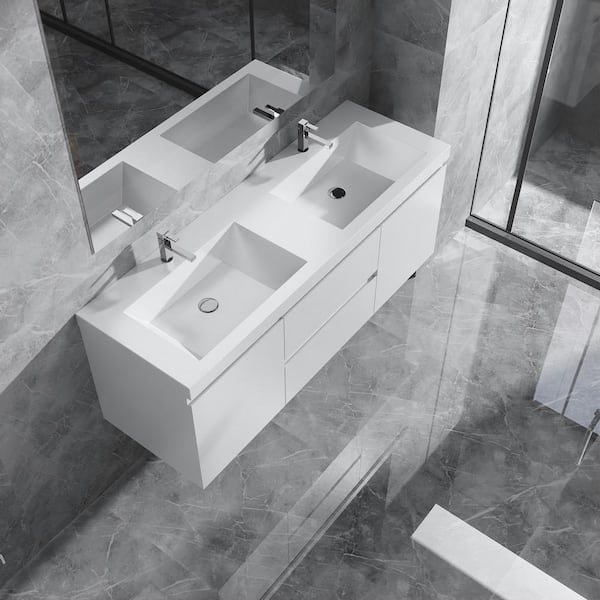 60 in. W x 20 in. D x 22 in. H Floating Bathroom Vanity in Gloss White with Double Solid Surface Sink Top in White