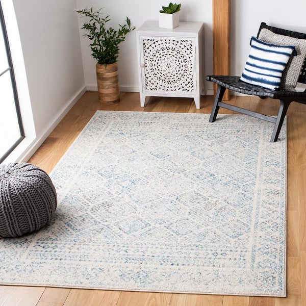 Tulum Ivory/Turquoise 8 ft. x 10 ft. Border Geometric Diamonds Area Rug