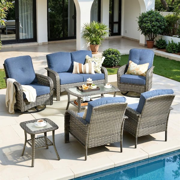 Lily A Gray 7-Piece Wicker Outdoor Patio Conversation Set with Swivel Rocking Chairs and Denim Blue Cushion