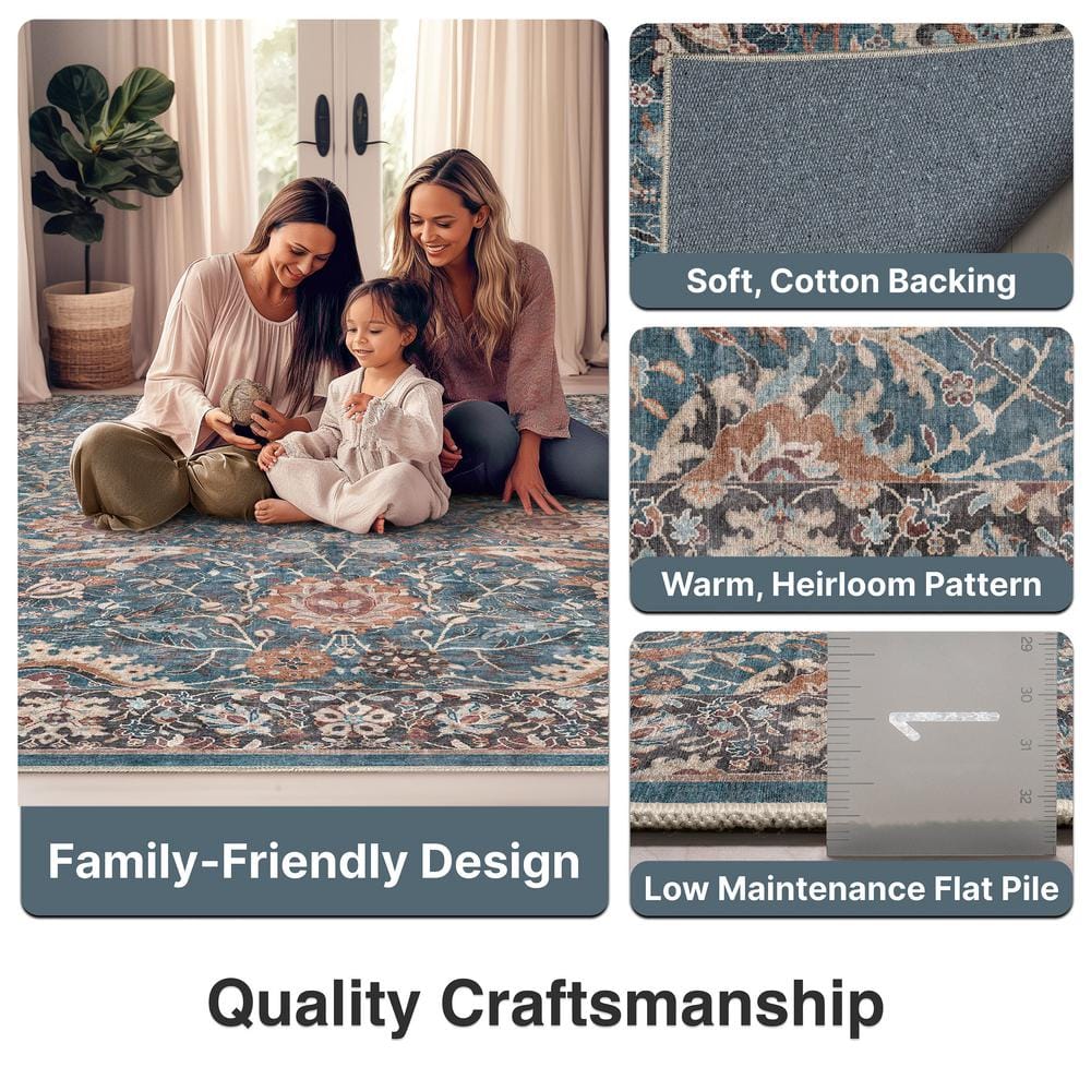 Teal Vintage Oriental Flat-Weave Washable Area Rug