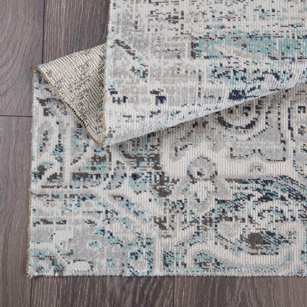 Sofia Fleur Navy Blue Aqua Medallion Indoor Outdoor Rug