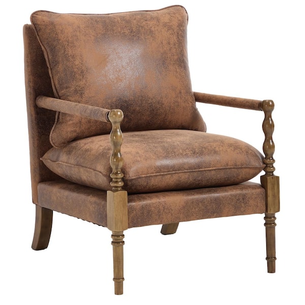HOMEUFN 26 in. Vintage Coffee Microfiber Wood Frame Accent Arm