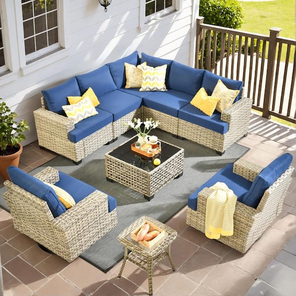 XIZZI Lauren 9-Piece Wicker Patio Conversation Seating Sofa Set with Navy Blue Cushions and Swivel Rocking Chairs