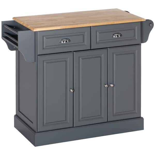 HOMCOM Grey Rubberwood 43.25 in. Kitchen Island with Storage and Rolling Kitchen Serving Cart