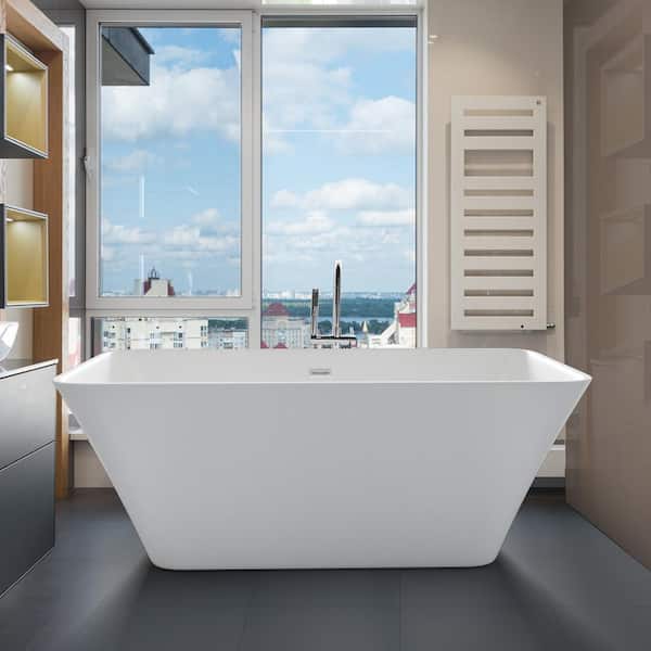 INSTER 59 in. Rectangle Acrylic Flatbottom Freestanding Soaking Single Slipper Bathtub in Gloss White