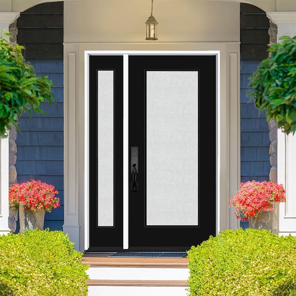 Legacy 53 in. x 80 in. Full Lite Rain Glass LHOS Primed Black Finish Fiberglass Prehung Front Door with 14 in. SL