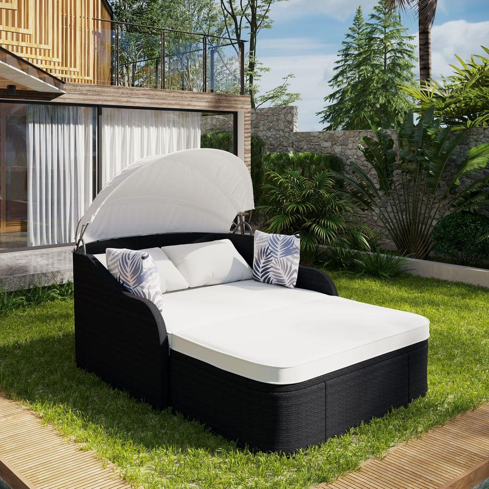 80 in. Black Wicker Outdoor Day Bed with Adjustable Canopy and Beige Cushio