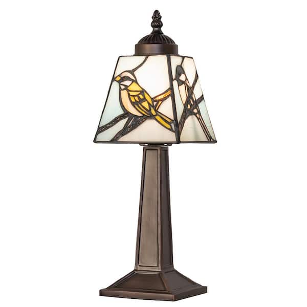 MEYDA Backyard Friends 10 in. Mahogany Bronze Victorian Mini Table Lamp with Multicolored Stained Glass Shade