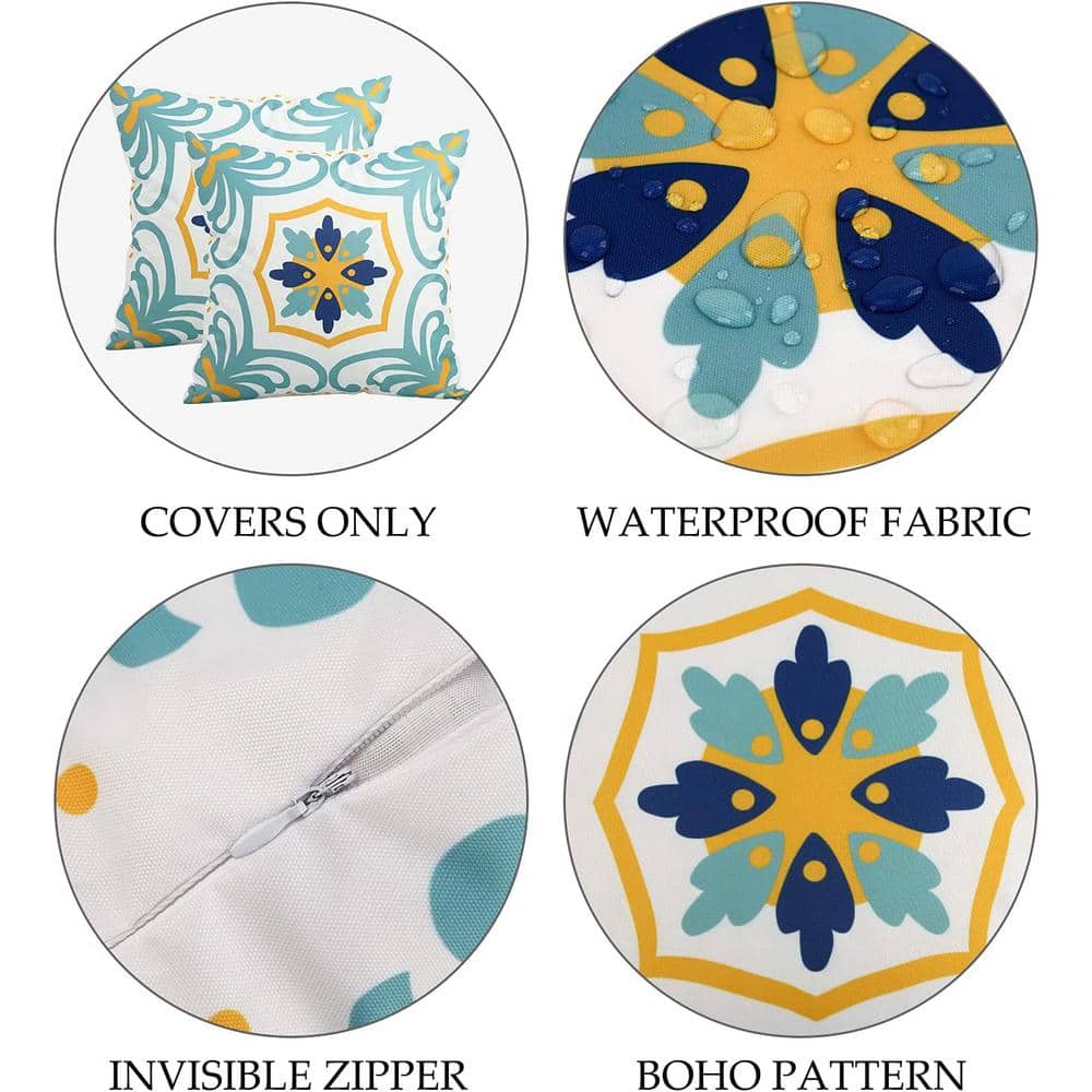 Set of 4 Blue and Yellow Boho Floral Waterproof 18" Square Pillow Covers