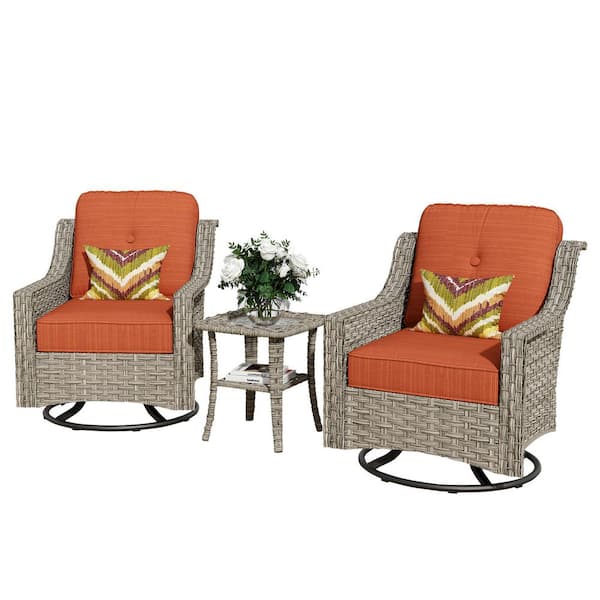 Eureka Grey 3-Piece Wicker Outdoor Patio Conversation Swivel Rocking Chair Seating Set with Orange Red Cushions