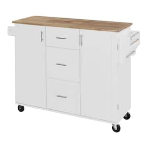 White Wooden 51 in. Kitchen Island on Wheels with 3 Drawers, 2 Slide-Out Shelf & Internal Storage Rack & Rubber Wood Top
