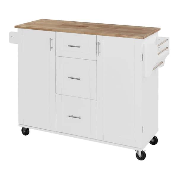 Tileon White Wooden 51 in. Kitchen Island on Wheels with 3 Drawers, 2 Slide-Out Shelf & Internal Storage Rack & Rubber Wood Top
