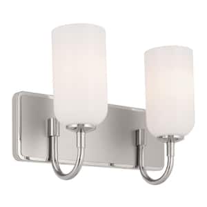 Solia 14.25 in. 2-Light Polished Nickel with Stain Nickel Modern Bathroom Vanity Light with Opal Glass Shades