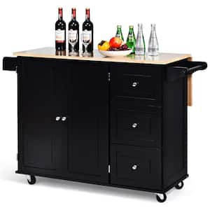 Heavy-Duty Black Wood 53.5 in. W Rolling Kitchen Island Cart with Drop-Leaf Tabletop and Storage Cabinet