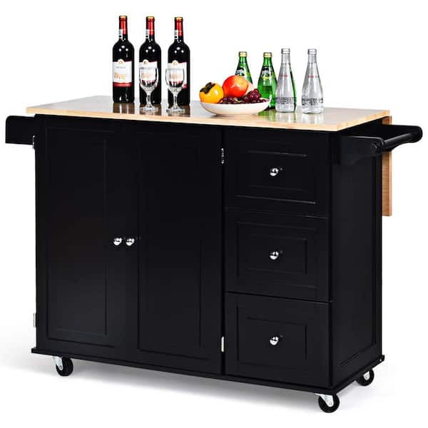 Bunpeony Heavy-Duty Black Wood 53.5 in. W Rolling Kitchen Island Cart with Drop-Leaf Tabletop and Storage Cabinet