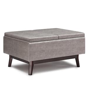 Owen 34 in. Wide Mid Century Modern Rectangle Tray Top Coffee Table Storage Ottoman in Distressed Grey Faux Leather