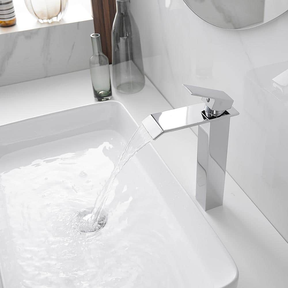 Polished Chrome Waterfall Vessel Sink Faucet with Pop-Up Drain