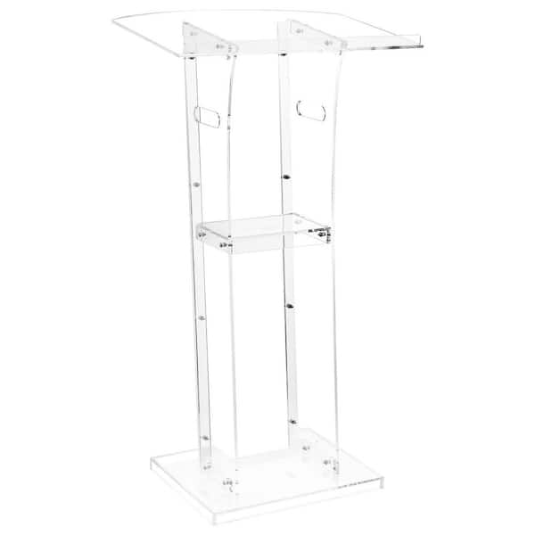 43-In. Acrylic Podium Stand, Portable Lectern with Spacious Reading Surface, Storage Shelf, Floor-Standing Design