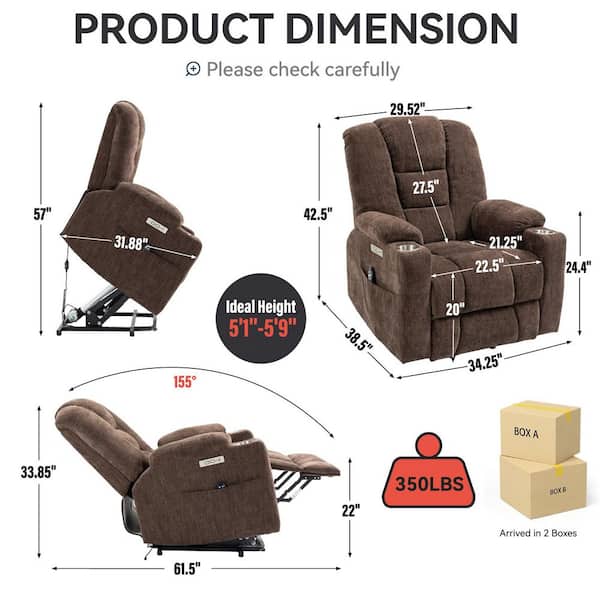 Brown Power Lift Recliner Chair with Remote Control Dual USB Ports Cup Holders Chenille Upholstery 350 lbs. Capacity
