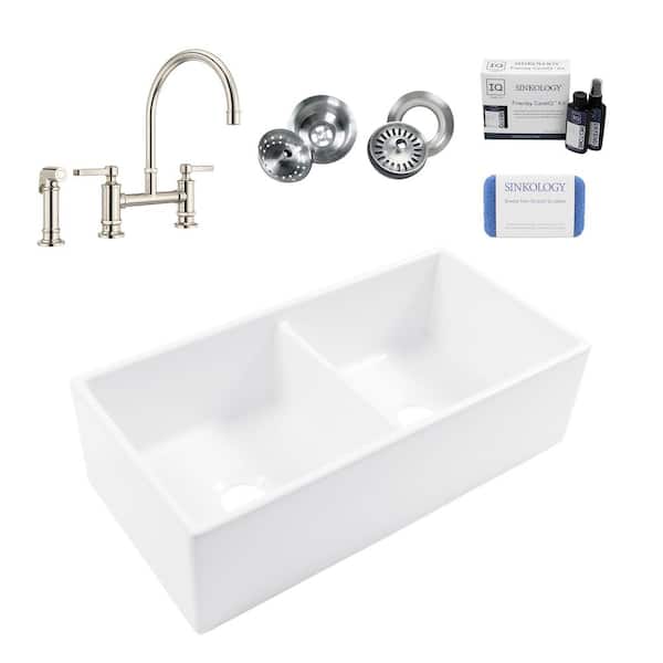 SINKOLOGY Bradstreet II 36 in. Farmhouse Apron Front Undermount Double Bowl White Fireclay Kitchen Sink with Nickel Faucet Kit