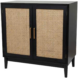 Black Wood 1 Shelf and 2 Door Storage Cabinet with Cane Front Doors and Gold Handles