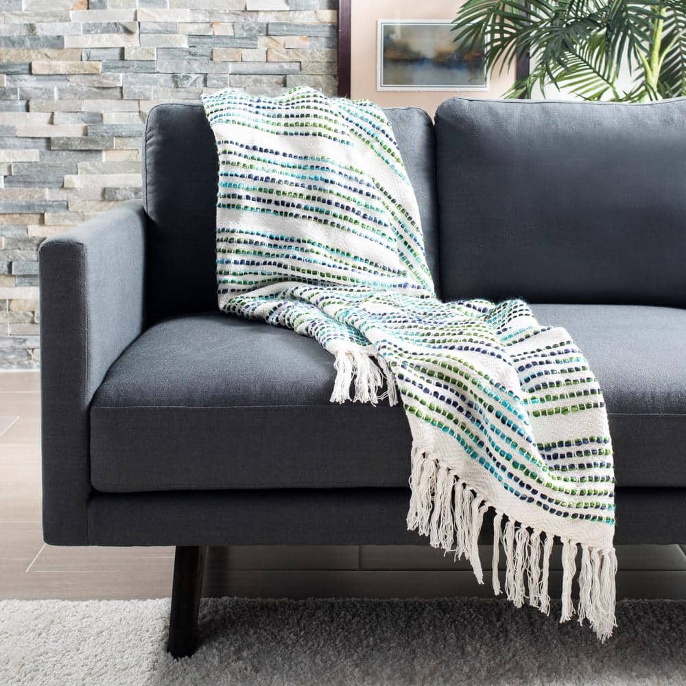 Landra Blue and Green Cotton Knitted Fringe Throw Blanket