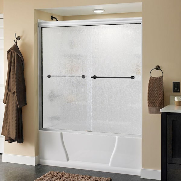 Delta Lyndall 60 in. x 58-1/8 in. Semi-Frameless Traditional Sliding Bathtub Door in White and Bronze with Rain Glass