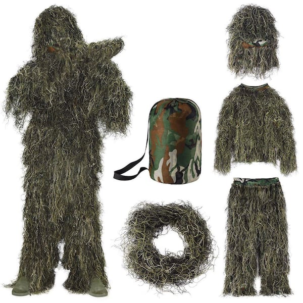 SEEUTEK 5-in-1 Ghillie Suit, 3D Camouflage Hunting Gear for Adults and Youth, Jacket, Pants, Hood and Carry Bag, M-XXL Size