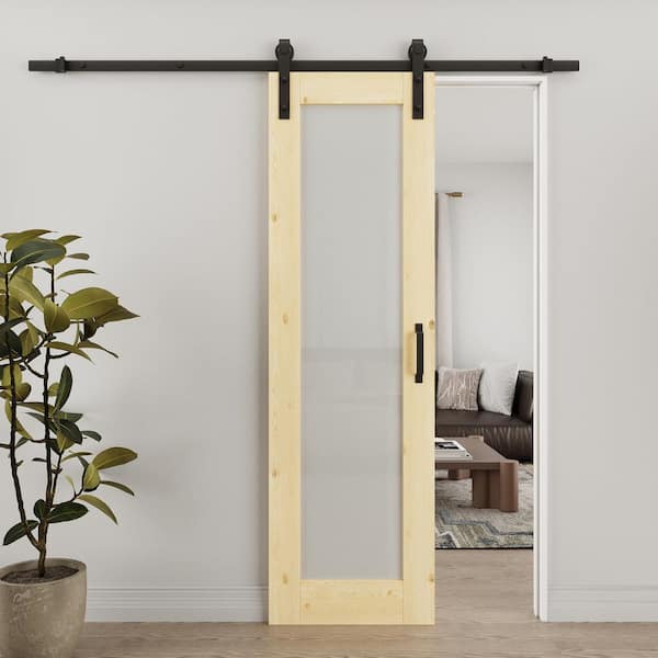 ARK DESIGN 24 in. W. x 80 in. 1 Lite Tempered Frosted Glass Unfinished Solid Core Pine Wood Sliding Barn Door with Hardware Kit