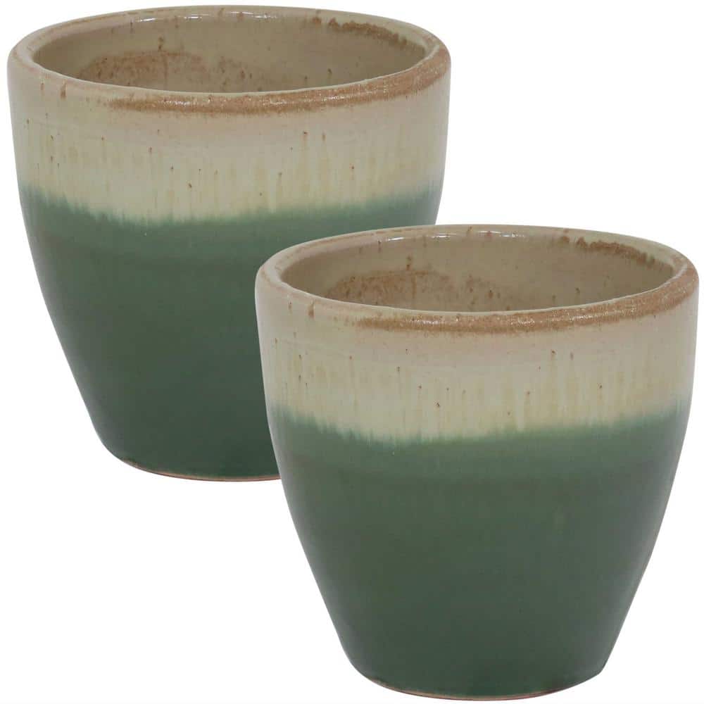 Sunnydaze Resort Outdoor/Indoor High-Fired Glazed UV and Frost-Resistant Ceramic Planter with Drainage Holes - 8  Diameter - Seafoam - 2-Pack