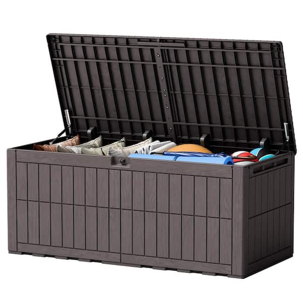 180 gal. Brown Deck Box Outdoor Storage Bench, Large Patio Storage Box with Hydraulic Lid