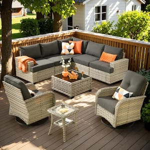 Vinceny Gray 9-Piece Wicker Patio Conversation Seating Set with Black Cushions and Swivel Chairs