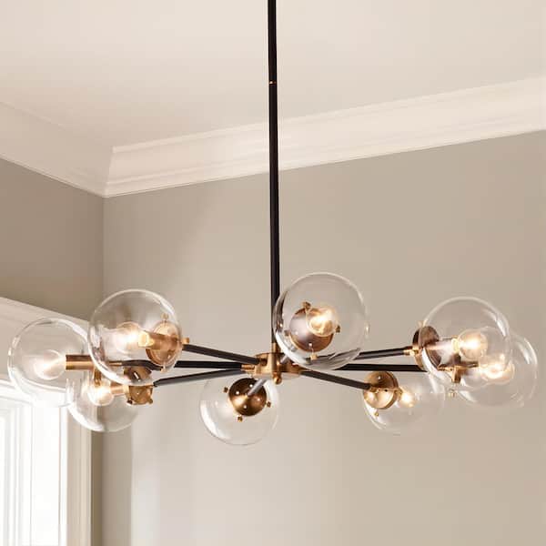 RRTYO Marcell 8-Light Black/Brass Modern Sputnik Atomic Sphere Bubble Chandelier with Clear Glass Globe for Living Dining Room