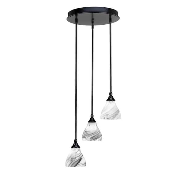 Unbranded Villa 60-Watt in. 3 Light Matte Black Stem Pendant Light with 6.25 in. Onyx Swirl Glass Shade, No bulbs included