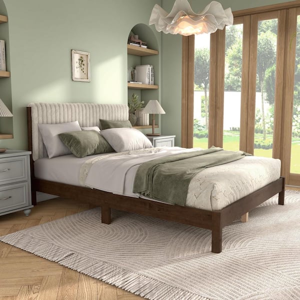 Alder Dark Walnut Wood Frame Queen Platform Bed with Corduroy Fabric Upholstery