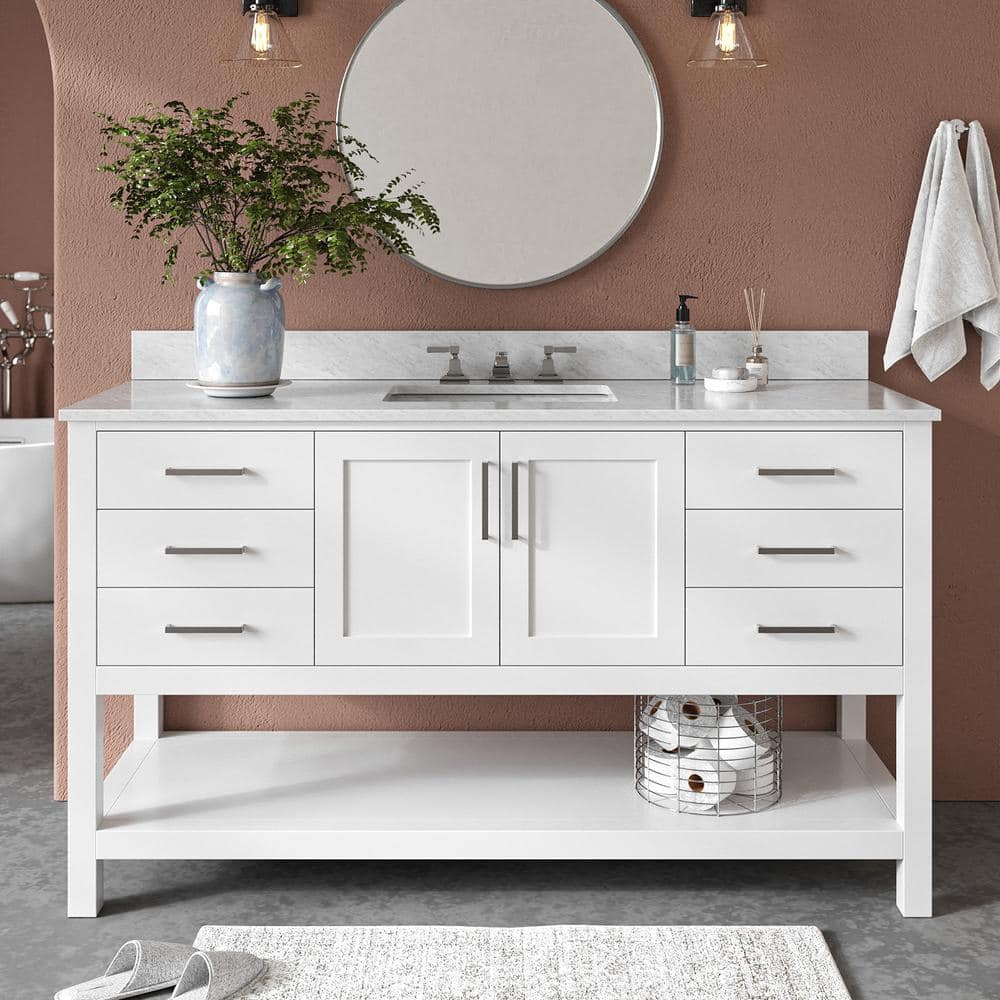 Magnolia 61" White Solid Wood Bathroom Vanity with Marble Top