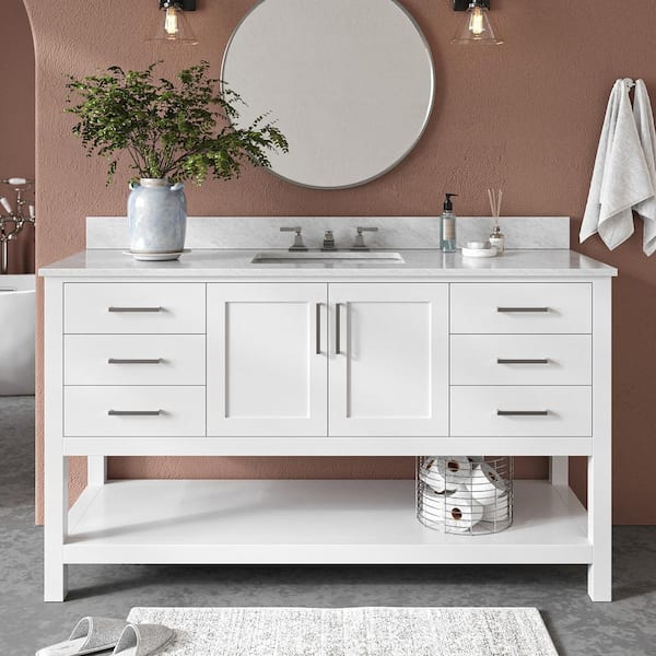 ARIEL Magnolia 61 in. W x 22 in. D x 36 in. H Bath Vanity in White with Carrara Marble Vanity Top in White with White Basin
