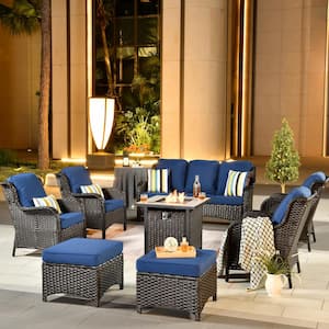 Erie Lake Brown 8-Piece Wicker Outdoor Patio Fire Pit Seating Sofa Set and with Navy Blue Cushions