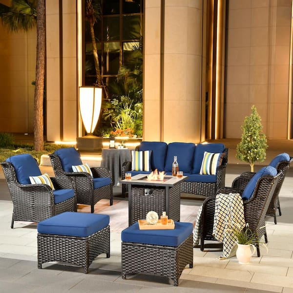 XIZZI Erie Lake Brown 8-Piece Wicker Outdoor Patio Fire Pit Seating Sofa Set and with Navy Blue Cushions