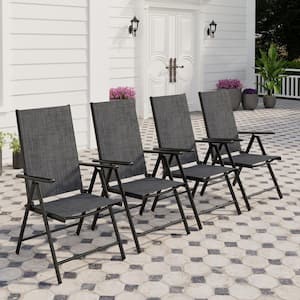 Grey Metal Outdoor Patio Dining Chairs Folding Reclining Sling Chairs 7 Levels Adjustable (4-Pack)