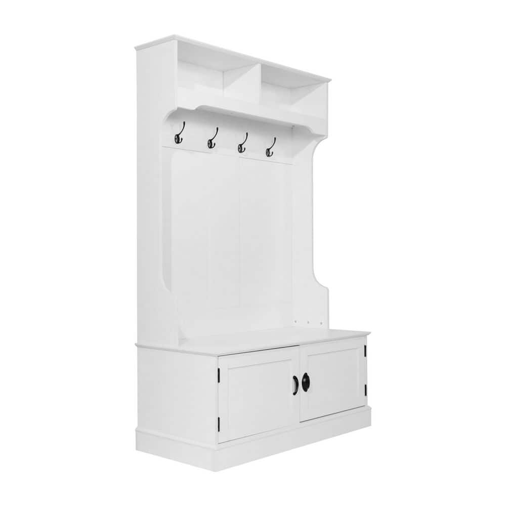White Wooden Hall Tree with Storage Bench and Coat Rack
